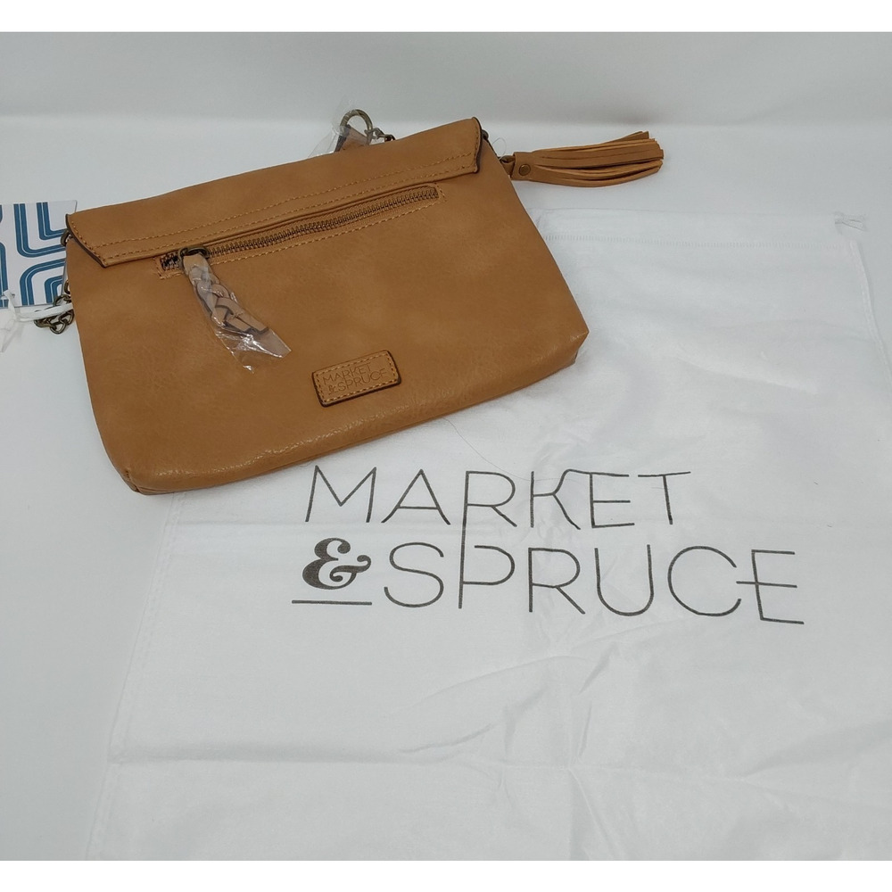 Market & Spruce Tan Faux Leather Crossbody Clutch Bag Tassel Strap Handbag NWT
